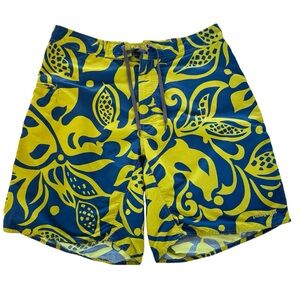 Patagonia Men 36 Wavefarer Boardshorts Swim Trunk Blue/Green Tropical Zip Pocket